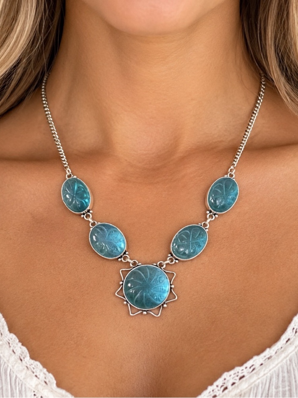 Sterling Silver Turquoise Carved Stone Statement Necklace